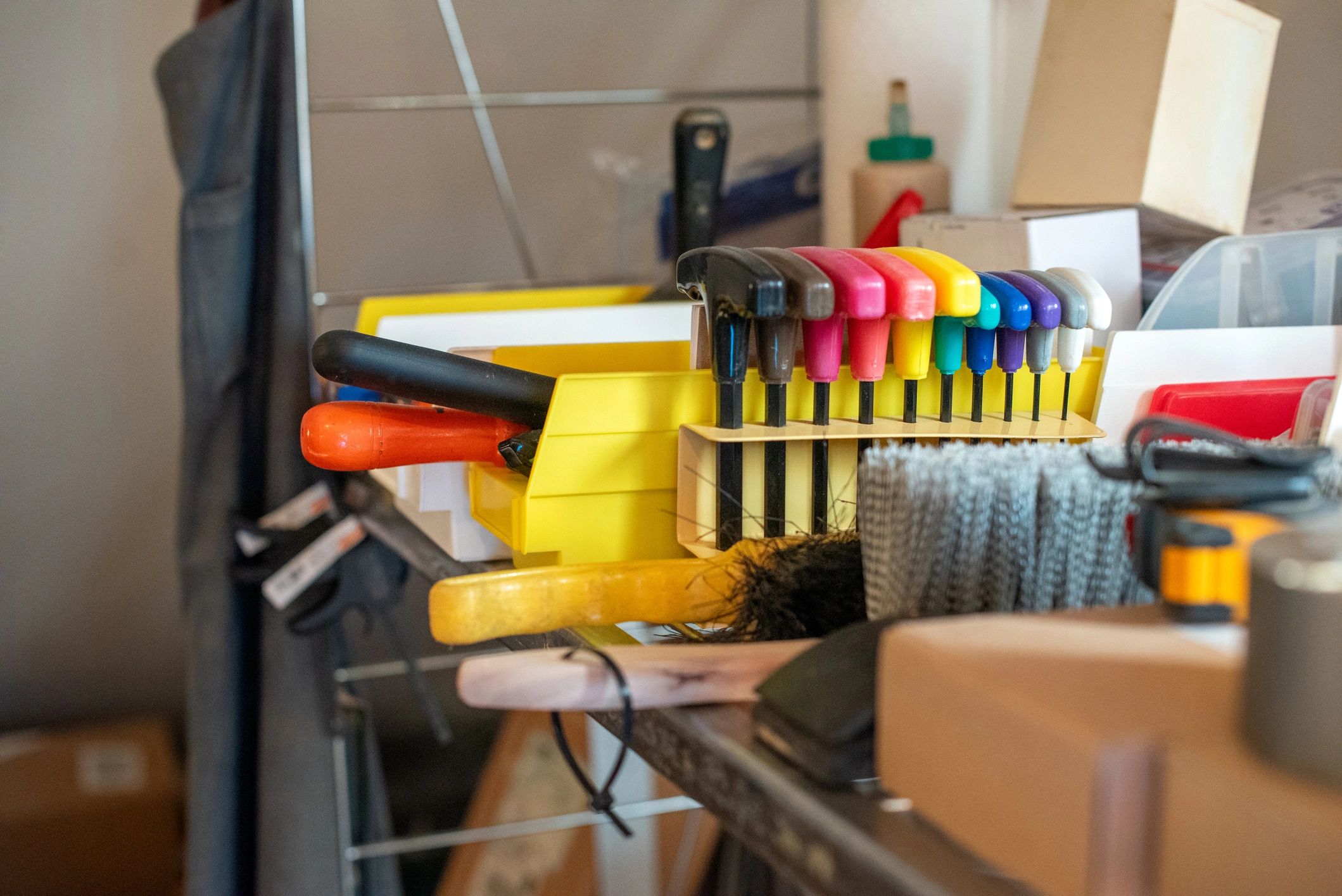 Organized tools and accessories in a workshop